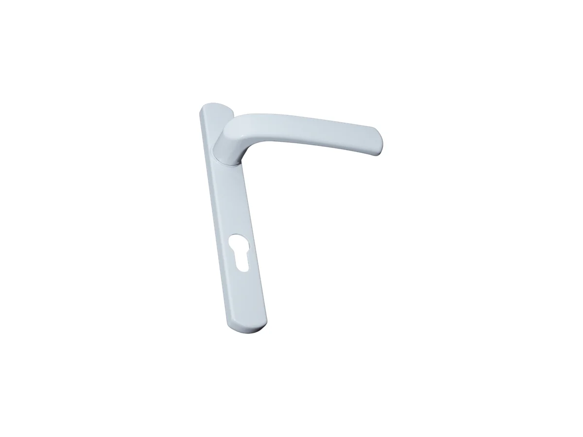 White lever door handle set on a backplate