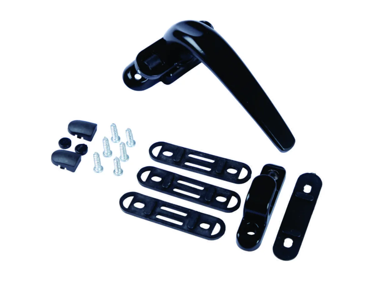 On/off sliding window handle set with strike plates, end caps and screws