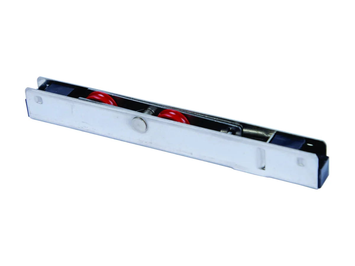 Sliding double wheel roller with V-groove wheels in a stainless steel body
